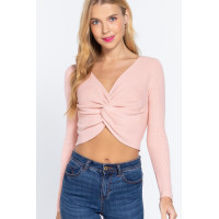 V-neck Front Knotted Crop Sweater