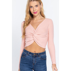 V-neck Front Knotted Crop Sweater