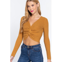 V-neck Front Knotted Crop Sweater