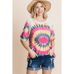 French Terry Tie Dye Printed Casual Mini Bubble Sleeves Tunic Top