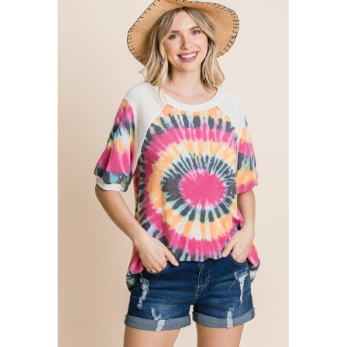 French Terry Tie Dye Printed Casual Mini Bubble Sleeves Tunic Top
