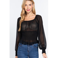 Long Slv Smocked Chiffon Top