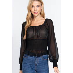 Long Slv Smocked Chiffon Top