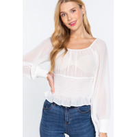 Long Slv Smocked Chiffon Top