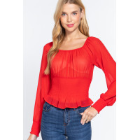 Long Slv Smocked Chiffon Top