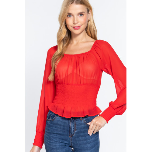 Long Slv Smocked Chiffon Top