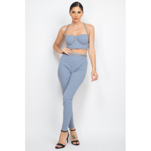 Stone Embellished Top And Pants Set