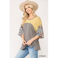 Colorblock Knit And Floral Print Mixed Top With Dolman Sleeve