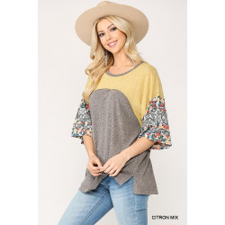 Colorblock Knit And Floral Print Mixed Top With Dolman Sleeve