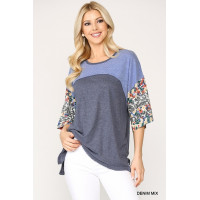 Colorblock Knit And Floral Print Mixed Top With Dolman Sleeve