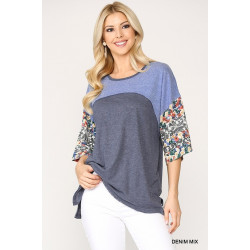 Colorblock Knit And Floral Print Mixed Top With Dolman Sleeve