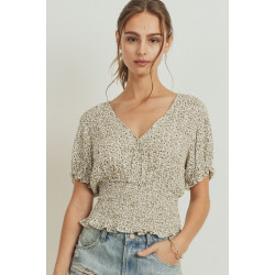 Puff Sleeve Smocked Waist Surplice Top