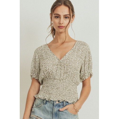 Puff Sleeve Smocked Waist Surplice Top