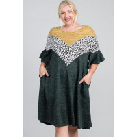 Ruffled Sleeve A Line Hidden Pocket Color Block Dress