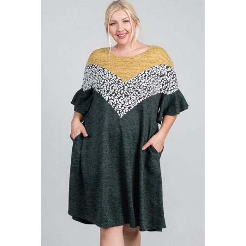 Ruffled Sleeve A Line Hidden Pocket Color Block Dress