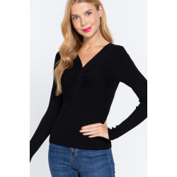 Long Slv V-neck Knotted Sweater