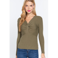 Long Slv V-neck Knotted Sweater