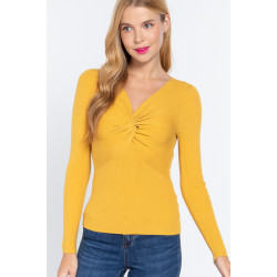 Long Slv V-neck Knotted Sweater