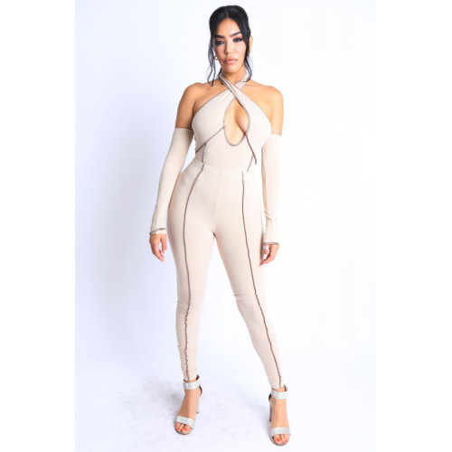 Overlock Detailed Cross Halter Keyhole Neck Off Shoulder Set