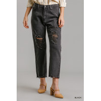 5 Pockets Non-stretch Straight Cut Distressed Denim Jeans With Raw Hem