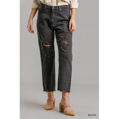 5 Pockets Non-stretch Straight Cut Distressed Denim Jeans With Raw Hem