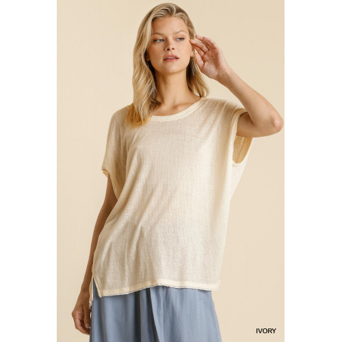 Short Sheer Dolman Sleeve Scoop Neck Top With Side Slit
