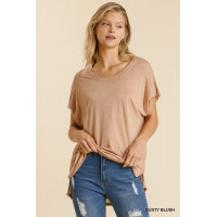 Short Sheer Dolman Sleeve Scoop Neck Top With Side Slit
