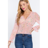 Ruffle Slv Floral Print Chiffon Top