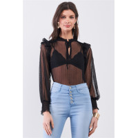 Black Sheer Mesh Polka Dot Frill Trim Long Sleeve Bodysuit