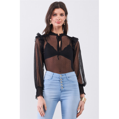 Black Sheer Mesh Polka Dot Frill Trim Long Sleeve Bodysuit