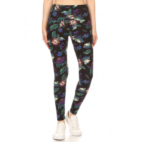 Long Yoga Style Banded Lined Floral Printed Knit Legging With High Waist
