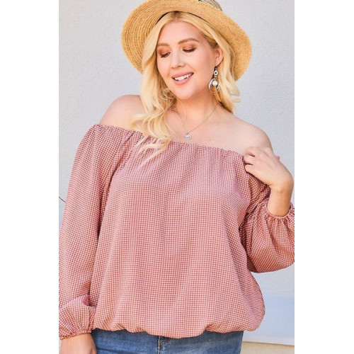 Off Shoulder Long Bubble Sleeve Plaid Top