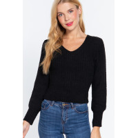 Long Puff Slv V-neck Rib Sweater