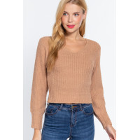 Long Puff Slv V-neck Rib Sweater