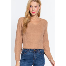Long Puff Slv V-neck Rib Sweater