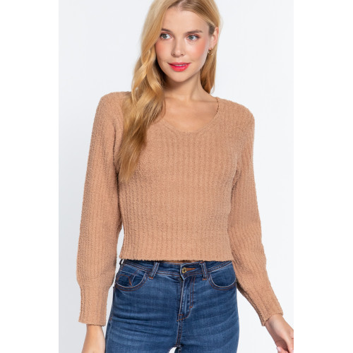 Long Puff Slv V-neck Rib Sweater