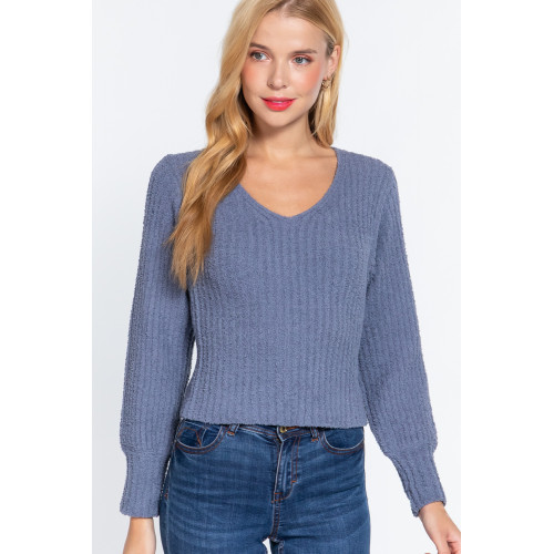 Long Puff Slv V-neck Rib Sweater