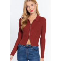 Notched Collar Zippered Sweater