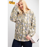 Plus Size Long Sleeve Distressed Printed Rayon Pullover Top