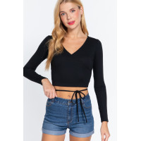 Long Slv Surplice Wrap Rib Knit Top