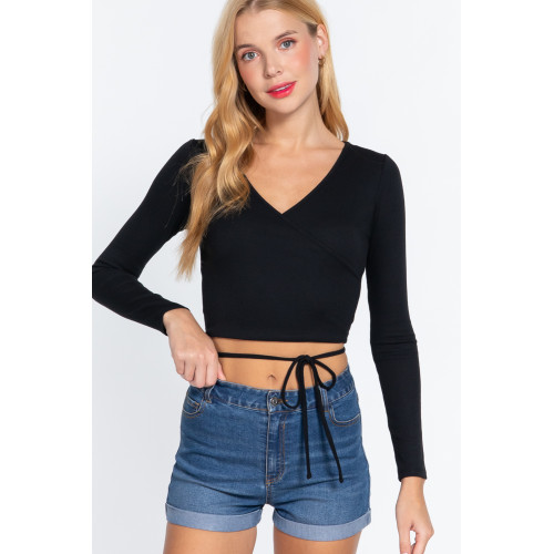 Long Slv Surplice Wrap Rib Knit Top