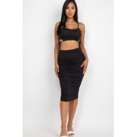 Cut-out Tie Side Crop Top & Ruched Midi Skirt Set