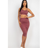 Cut-out Tie Side Crop Top & Ruched Midi Skirt Set