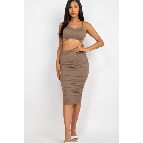 Cut-out Tie Side Crop Top & Ruched Midi Skirt Set