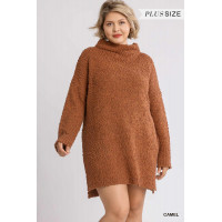 High Cowl Neck Bouclé Long Sleeve Sweater Dress