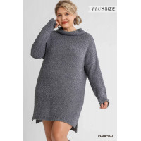 High Cowl Neck Bouclé Long Sleeve Sweater Dress