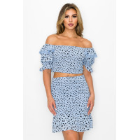 Smocking Ruffled Printed Top & Skirts Set