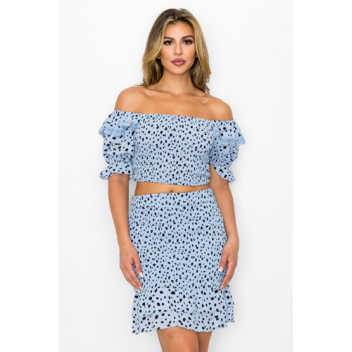Smocking Ruffled Printed Top & Skirts Set