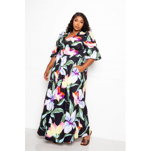 Puff Sleeve Button Front Dress
