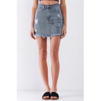 Medium Blue Denim High-waist Distressed Effect Asymmetrical Trim Raw Hem Detail Mini Skirt